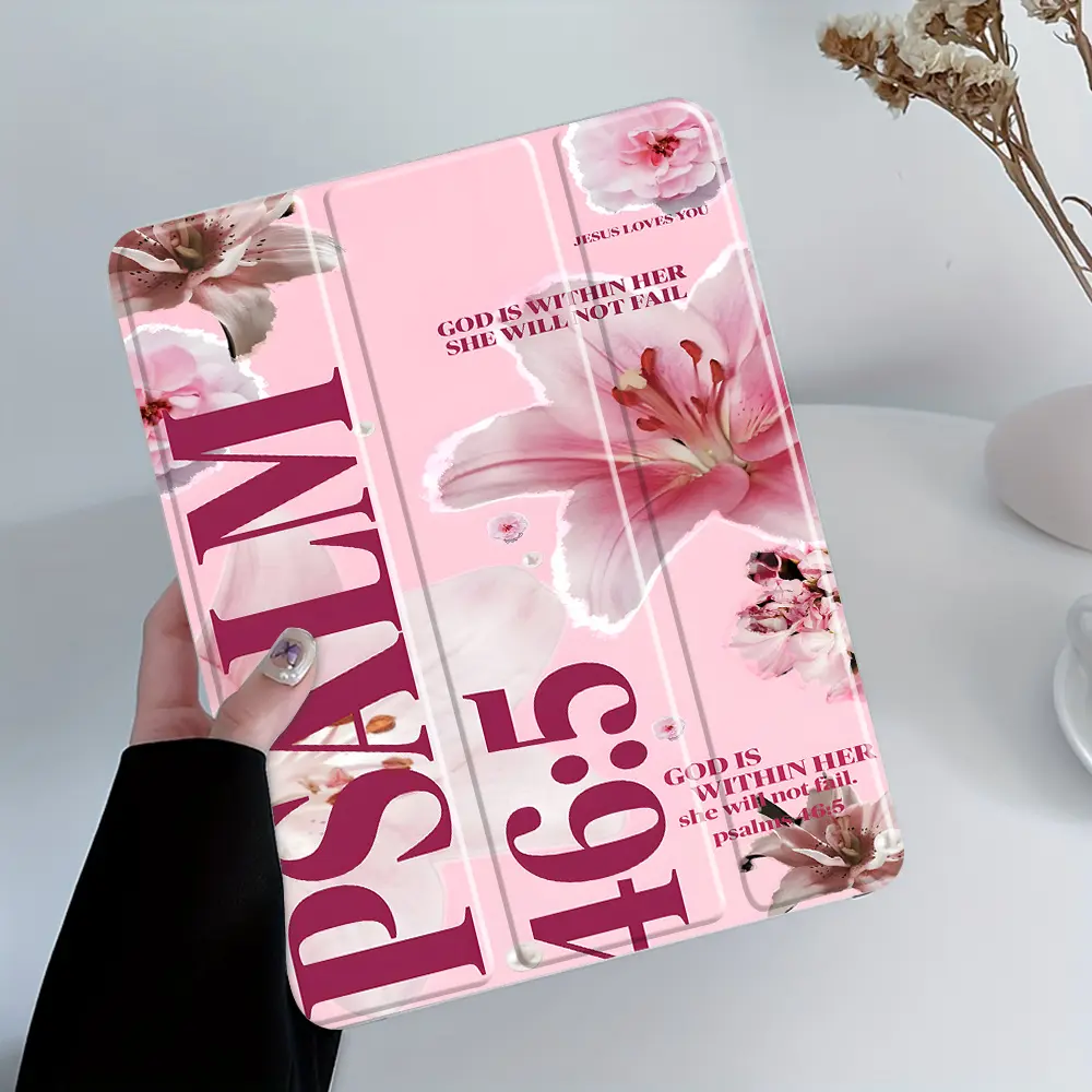 Pink Flowers PSALM 46:5, with adjustable stand and pen slot, foldable non-slip TPU protective case, suitable for Samsung, iPad mini, iPad Air, iPad Pro/iPad 10th generation, 11th generation and other iPad series protective cases.
