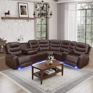 Power Reclining Sectional Sofa Brown Leather Recliner with USB Chargers & Storage Console for Living Room Apartment Office Home Theater