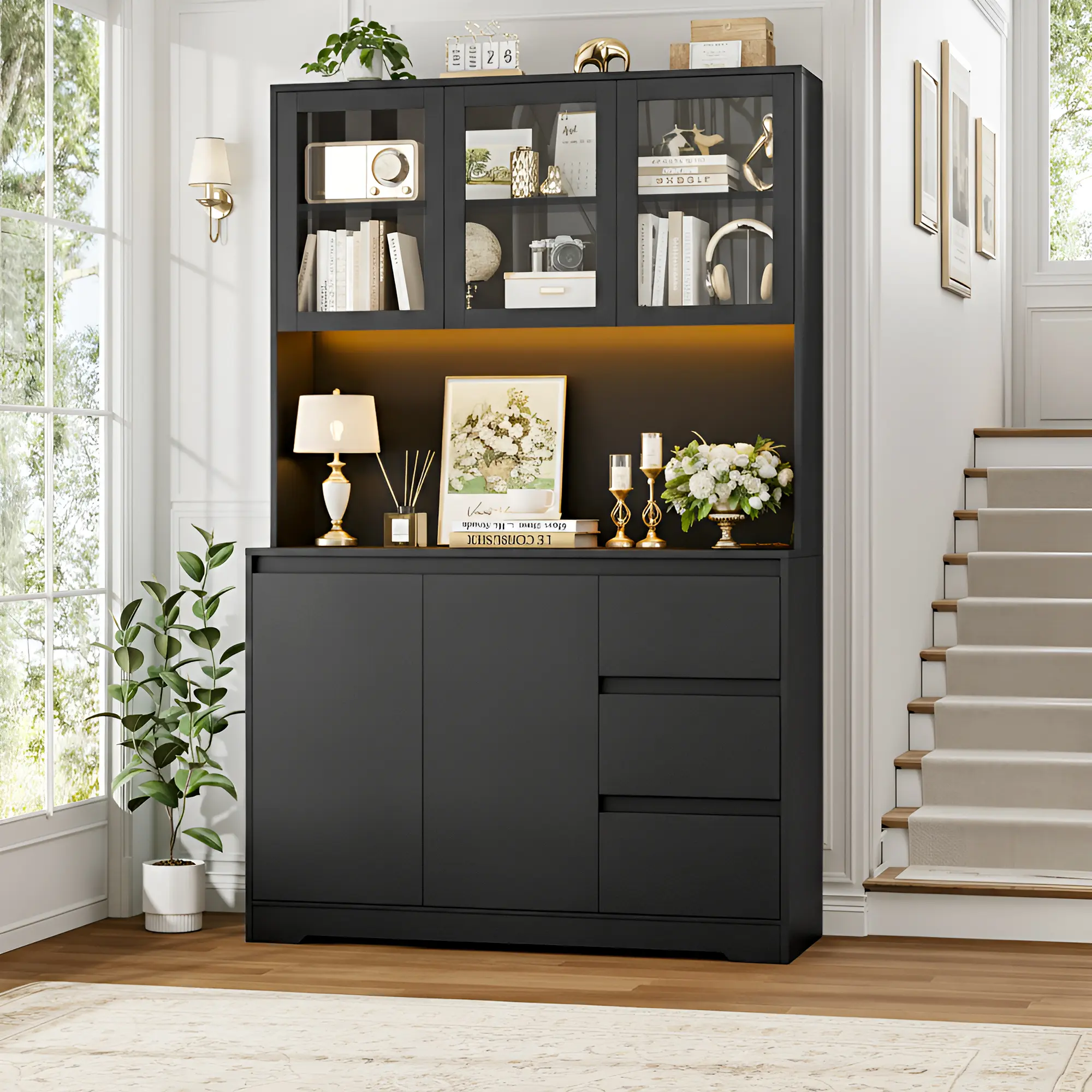 FOTOSOK 71" Modern Black Kitchen Pantry Cabinet with 6 Doors, 3 Drawers, LED Lights, Power Outlets, USB Ports, 39.4" Wx 15.2" Dx 70.9" H