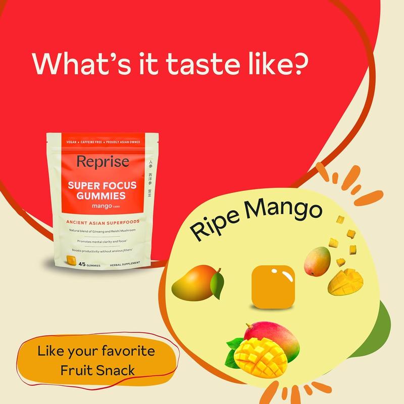 Super Focus Gummies for Adults | American & Korean Ginseng with Reishi Mushroom extracts | All Natural Gummies for Focus, Mood, and Energy | Mango Flavored | 45 Count