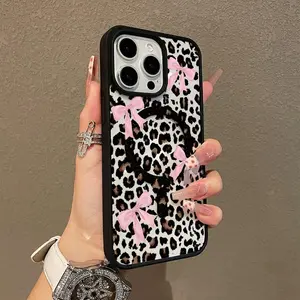 Leopard Print Bow Pattern Premium Magnetic Phone Cases for iPhone 16 15 14 Pro Max 13 12 11 Plus Smartphone Shockproof Protection Acrylic Cover Cellphone Protective magsafe magnetic case Aesthetic Resistanc/e Casing Protector/MKLCX130