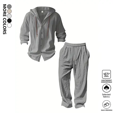 Men's 2-Piece Linen Suit Set - Plain, Breathable Long Sleeve Hooded Shirt & Straight Leg Pants, Casual Beach Vacation & Spring Fall Daily Wear, Regular Fit, Men's 2 Piece Clothes Sets