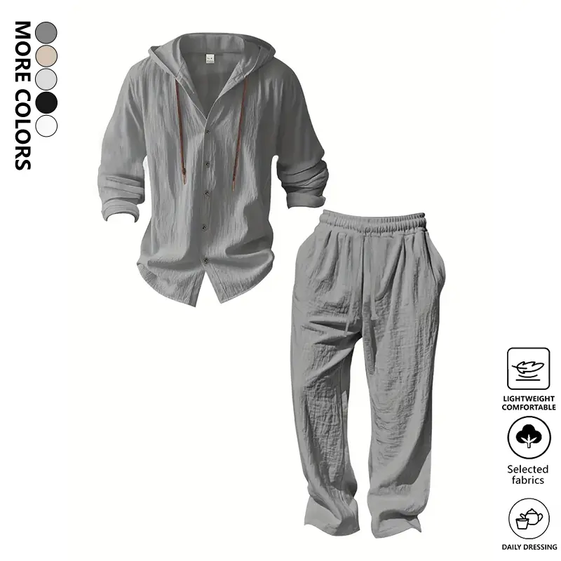 Men's 2-Piece Linen Suit Set - Plain, Breathable Long Sleeve Hooded Shirt & Straight Leg Pants, Casual Beach Vacation & Spring Fall Daily Wear, Regular Fit, Men's 2 Piece Clothes Sets