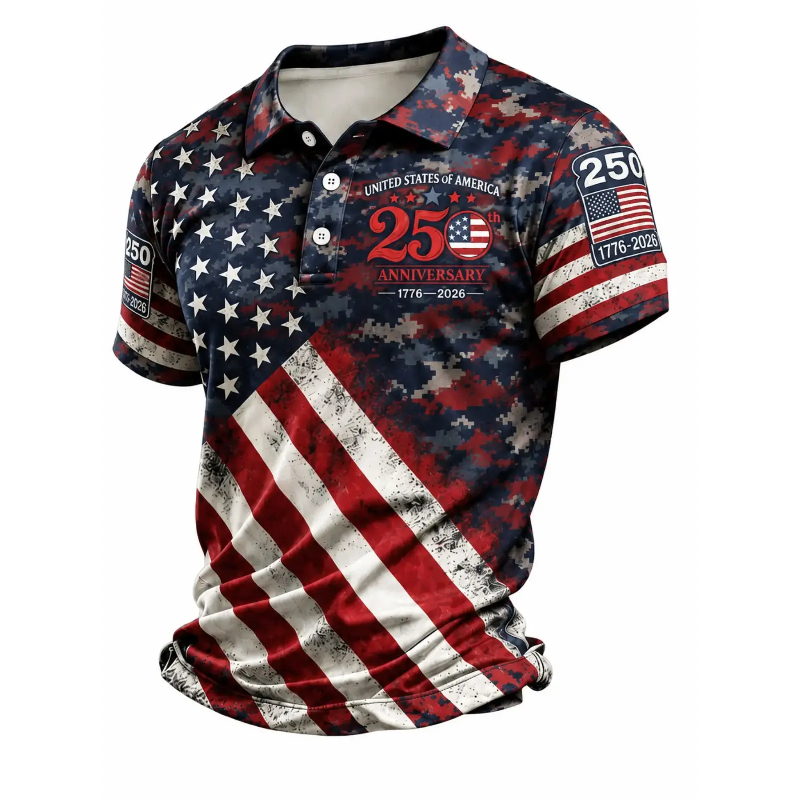 Patriotic American Flag Summer Polo Shirt for Men in Red White Blue Camo, American 250th Anniversary 1776 2026 Polo Shirt for 4th of July Gifts