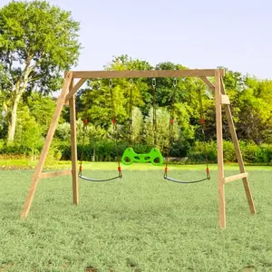 Backyard Wooden Swing Set - Includes 2 Belt Swings & Trapeze Bar, Outdoor Playset for Kids, Backyard Discovery Style