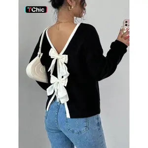 Women's Colorblock Bow Back Sweater, Casual Long Sleeve Crew Neck Jumper for Summer, Fashion Women's Knitwear for Daily Wear