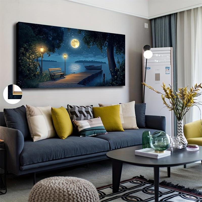 Wooden Framed Canvas Painting Large-sized framed canvas wall art, real and peaceful ship shore landscape painting, living room, bedroom, office, wedding and event decoration ocean-themed hanging painting, Wrapped in canvas