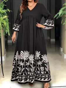 Plus Size Women's Flowy Tropical Floral Print V-Neck Long Sleeve Resort Dress Extra Long Casual with Ruching Details Machine Washable Breathable Fabric Spring Fall Vacation Summer Beach Outfit Spring Fashion Womenswear Rider Bohemian Boho