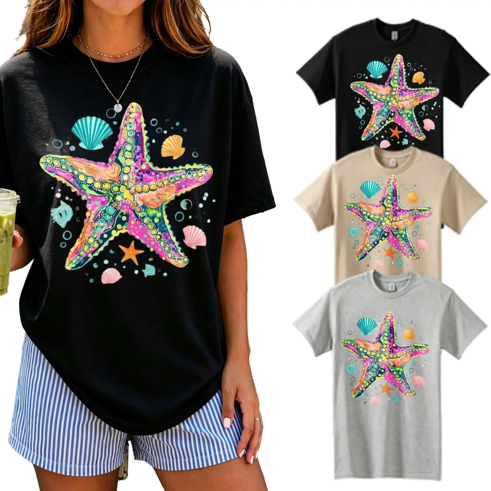 Gildan Colorful Starfish Seashell Graphic Tee For Women, 100% Cotton Breathable Summer Beach T-Shirt, Vacation Loose Casual Top Multiple Colors