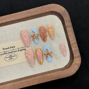 Kallfrane Ocean Beach Style Handmade Wearable Nail Art 3D Starfish Pearl Gold Blue Manicure 3010