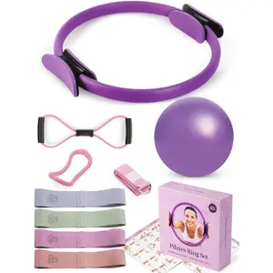 10- Pilates Kit for Beginners with Video Tutorials | Pilates Ring and Ball Set for Women, 4 Fabric Resistance Bands, Yoga Strap, Figure-8 Band, Storage Box | Studio-Quality  Set