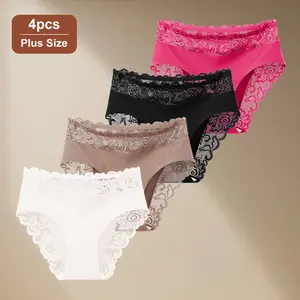 4 pcs Plus Size Women's Panties Exquisite lace detailing Stylish, comfortable, breathable Perfect for romantic getaways Fashionable and elegant lace-trimmed plus size panties Holiday romance wear