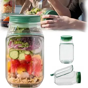 Salad Jar with Side Opening, Mason Jar Salad Container for Lunch with Dressing Compartment, Leak-Proof Portable Pod Jar, Microwave & Dishwasher Safe Meal Prep Box for Home, Office, Travel, Leakproof Container