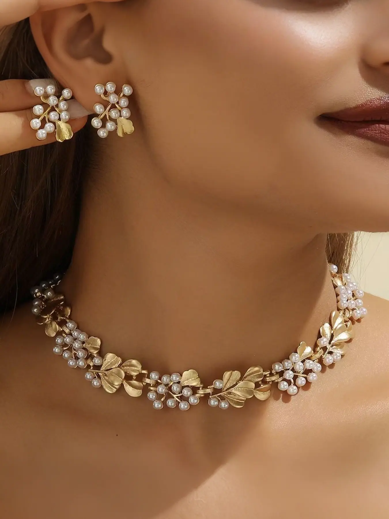 1set Vintage Style Necklace Earrings Set, Faux Pearl Jewelry Gift for Wife Family Girlfriend Special Occasion Present, Elegant Design, Matching Jewelry Set, Fashion Jewelry Set, Fashionable Jewelry Set