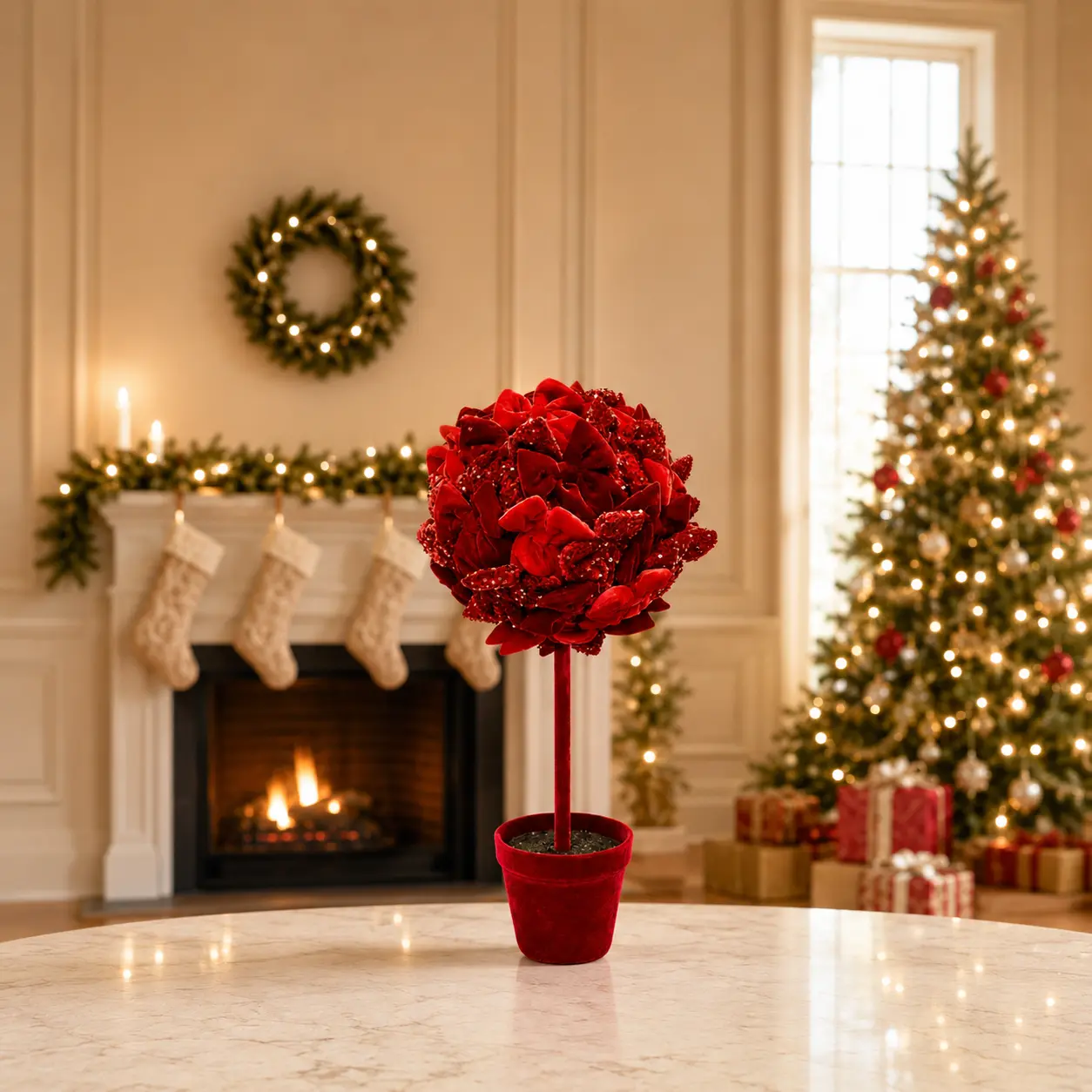 3 FT Red Velvet Sequin Bow Ball Topiary Potted Tree