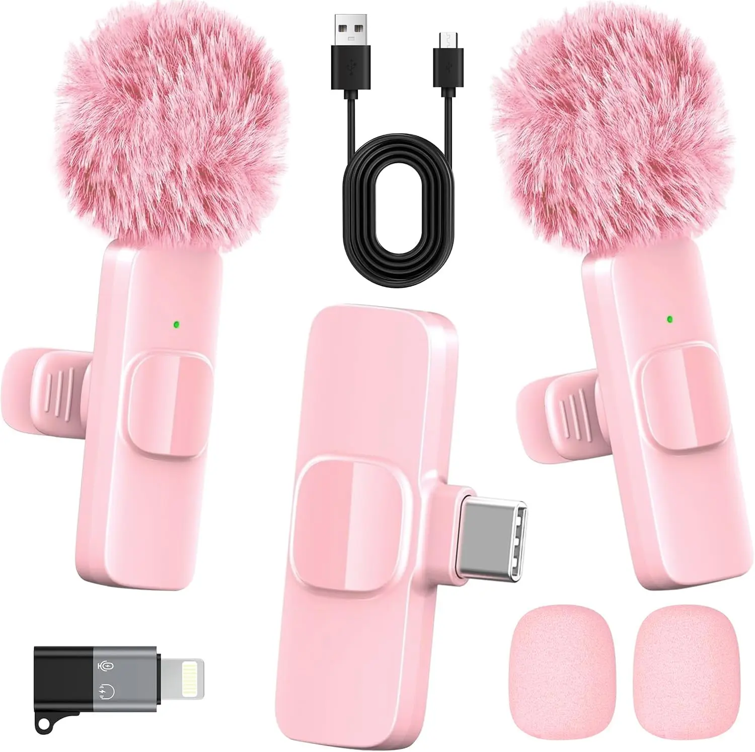 Pink Wireless Lavalier Microphone for iPhone & Android Mini Clip-On Mic with Noise Cancellation 65ft Range 8H Battery USB-C/Lightning for TikTok YouTube Podcast Live Streaming