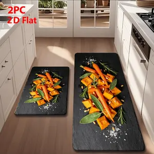2/3pcs Flannel Kitchen Mat Set, Stone Base, Carrot Pumpkin Herbs Nuts, Retro Industrial Style, Non-Slip, Absorbent