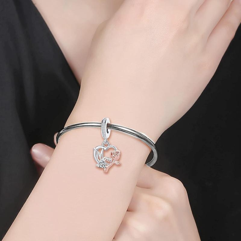 Mom Charm Compatible with Pandora Bracelet Women Rose Gold Flower Love Heart Dangle Mother Bead from Daughter Son Birthday