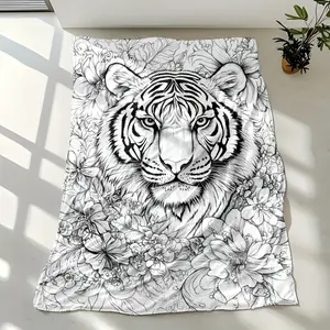 Coloring Blanket with Detailed Tiger and Flower Designs (Markers Not Included) Soft Flannel Bedspread, Suitable for All Seasons, A Warm Blanket for Sofas, Beds or Travel Blankets, Featuring Asian-style Animal Prints