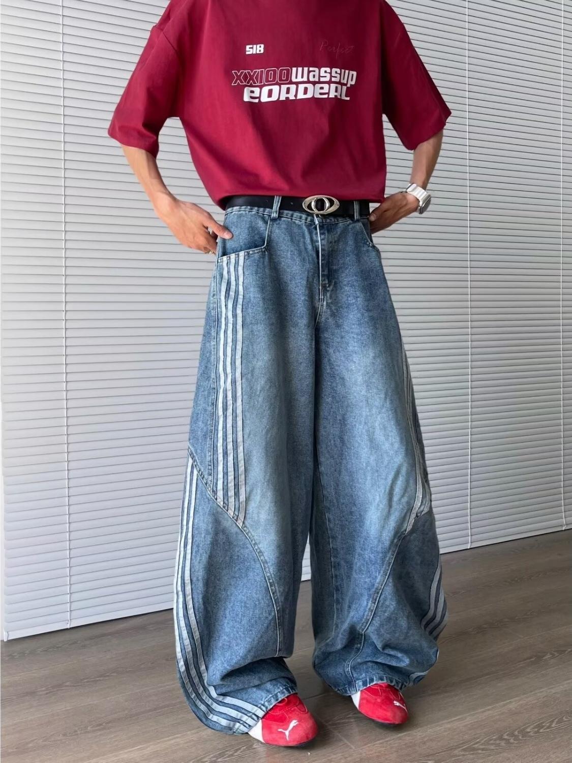 Men'S Side Stripe Curved Scimitar Jeans, Summer American Retro Loose Casual Washed Deconstructed Distressed Wide Leg Pants