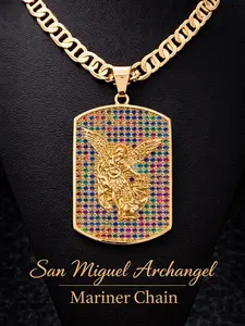 2 Styles Chains - 14K Gold Plated San Miguel Plaque Upgraded Cuban or Mariner Necklace 20" 24" 4mm/6mm All Occasions St Michael Archangel Religious Piece