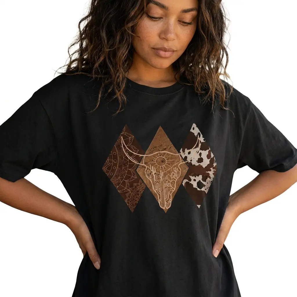 Western Boho Graphic Tee Women Longhorn Skull Cow Print Shirt Plus Size