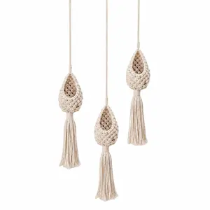 Set of 2 Boho Macrame Hanging Planters | Teardrop Woven Baskets with Tassels | Bohemian Wall Decor