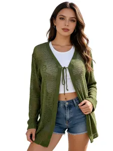 Women's Plus Size Long Sleeve Knit Cardigan with Bow Tie, Beach Vacation Hoodie, Casual Fashion Outerwear for Women