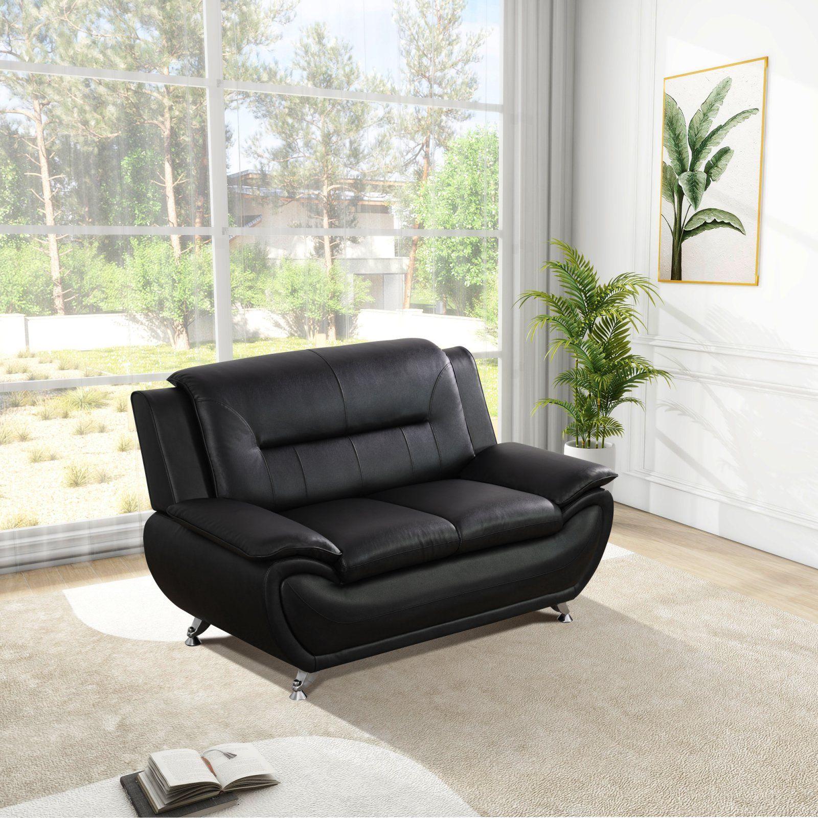 3-Piece Black PU Leather Sofa Set, Indoor Living Room Furniture Couch