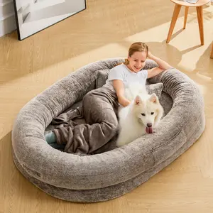 EROMMY Giant Size Human Dog Bed - 71''x47''x12.5'' Faux Fur Plush Bed with Waterproof Liner, Removable Washable Cover, Free Pillow Cushion, Spine Support for Adults and Pets (Napping Use)