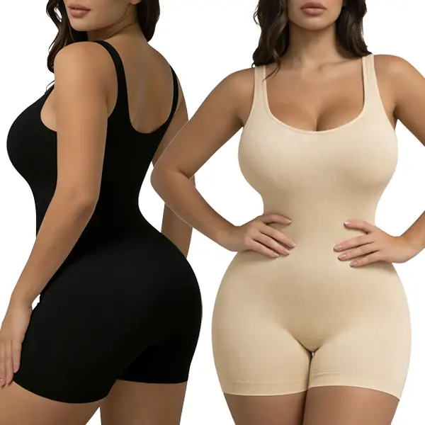GOLD CARP Women's 2-Pack Seamless Nylon Blend Shapewear Bodysuit Leotard - Square Neck, Tummy Control, Compression Fit, Foldable, Body Contouring for Holiday Use, Full Coverage, Plain, Expandable, Yoga, Lady, Shaper, Basic, Style, Boy Shorts, Valentines D