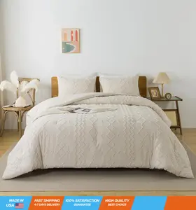 Beige Tufted Comforter Set King(104x90Inch), 3 Pieces(1 Boho Comforter, 2 Pillowcases) Textured Farmhouse Comforter, Soft Microfiber Down Alternative Geometric Comforter Bedding Set