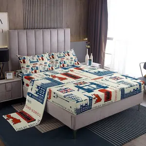 Kids London Sheet Set,Red Telephone Booth Bus Print Bed Sheet Set with Deep Pocket Fitted Sheet + Flat Sheet + British Flag and Map Print Bedding Set for Boys