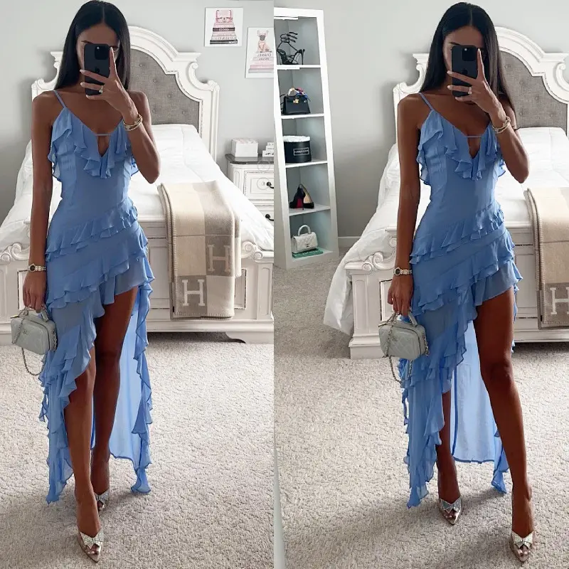 2026 New Sexy Western-Style Solid-Color Asymmetrical Camisole Dress/Gown