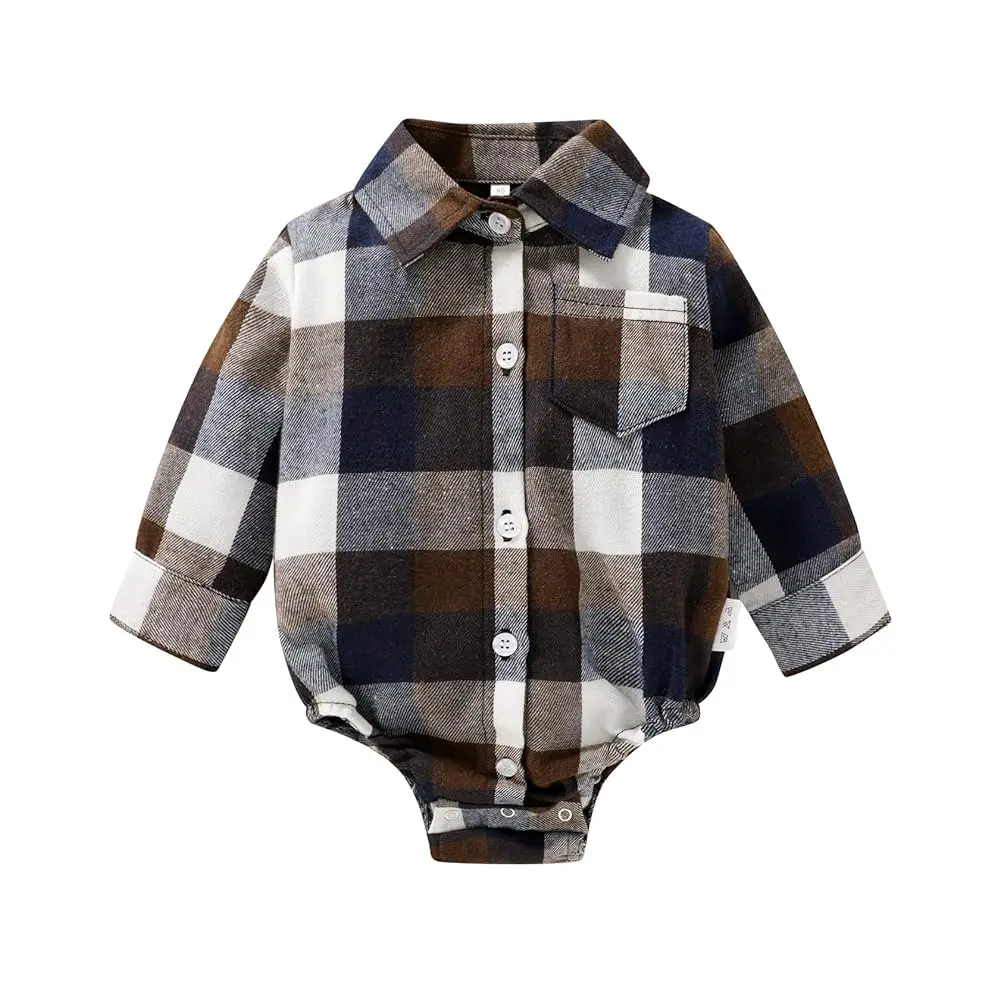 Newborn Baby Boy Girls Plaid Outfit Flannel Romper Tops Infant Long Sleeve Button Down Plaid Casual Bodysuit Clothes