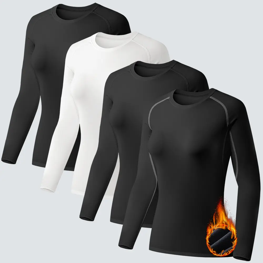 Veldtholos 4 Pack Women Fleece Lined Thermal Long Sleeve Top, Slim Fit 4-Way Stretch Base Layer, Anti-Static Warm Winter Underlayer for Ski Commute