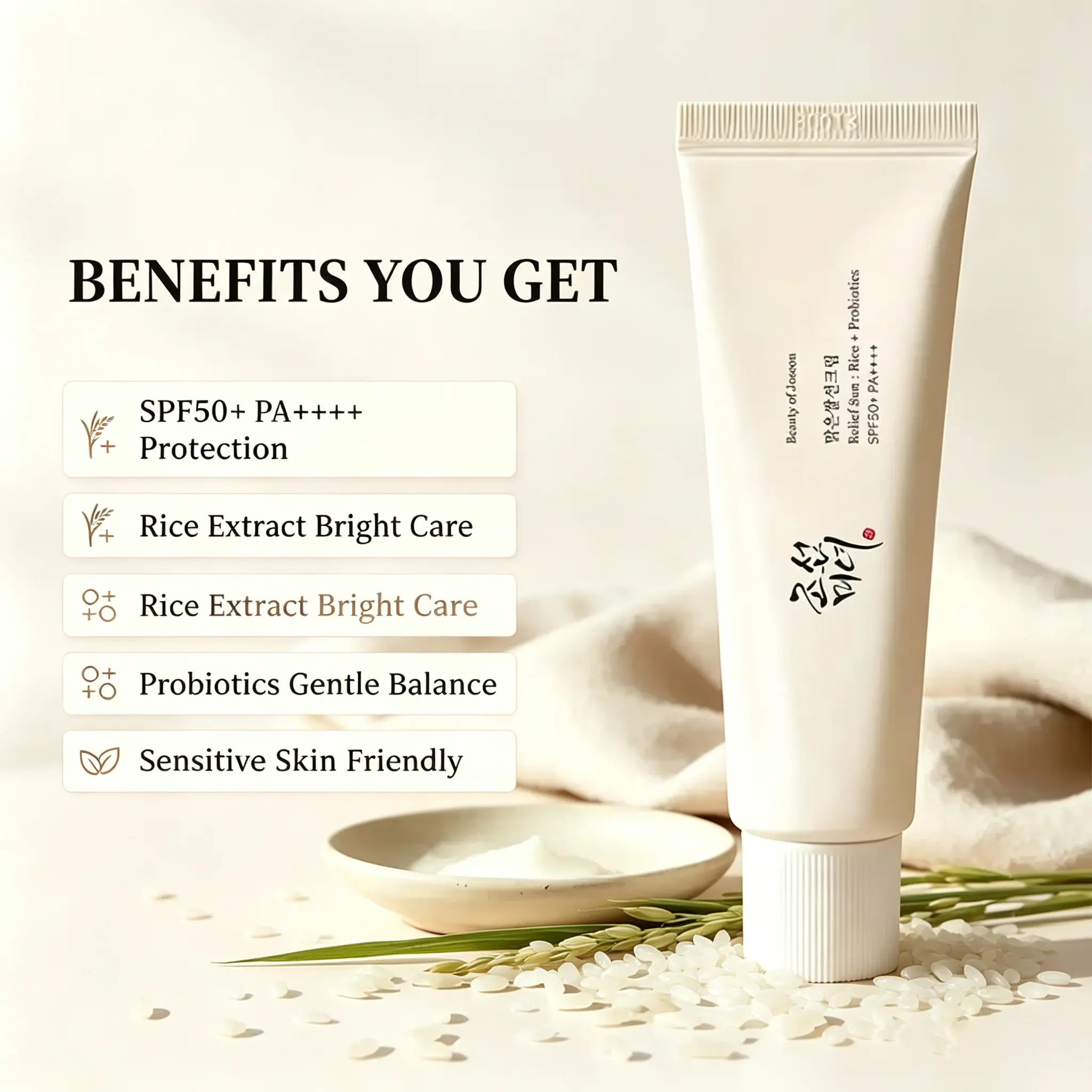 Beauty of Joseon Rice Probiotics Relief Sunscreen SPF50+ PA++++, Hydrating No White Cast Daily Facial Sun Lotion, Gentle K-Beauty Moisturizing Sun Care for All Skin Types