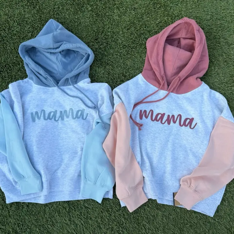 Tri-Color Mama Crop Hoodie for Women - Embroidered 'Mama' Design