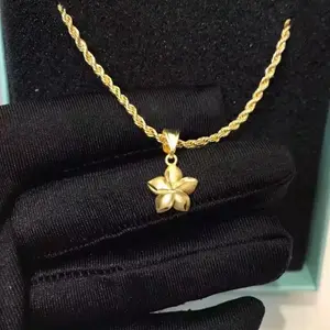 Stainless Steel Gold Plumeria Flower Pendant Necklace with Rope Chain for Women and Girls