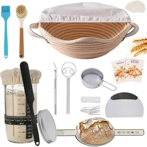 Complete Sourdough Starter Kit with Banneton Proofing Basket & Dough Scraper - -in- Bread Baking Set for Homemade Artisan Sourdough