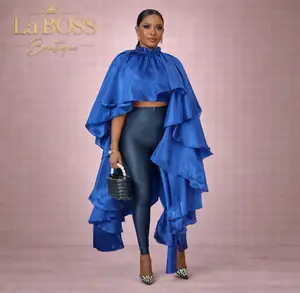 La BOSS Boutique Women’s Ruffle Cloak Blouse Top – Long Sleeve Elegant O-Neck Loose Fit Statement Shirt