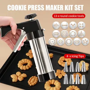 Cookie Press Kit Stainless Steel with 13 Discs Membranes & 8 Piping Tips | Cookie Press Gun for Baking & Decorating Cookies | DIY Cookie Maker| Baking Tool for Home Baking, Holiday Cakes, Desserts, Cookie Press Tools