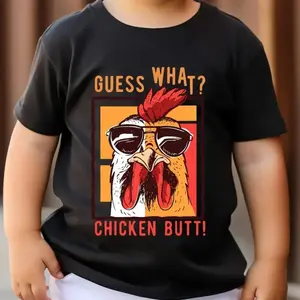 CHICKEN BUTT Print Comfy Cotton T-shirt For Boys, Short Sleeve Casual Top, Summer Outdoor Daily Wear