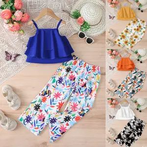 Ready Stock Toddler Kid Girls Casual Outfit Ruffle Cami Top & Floral Print Straight Leg Pants (Royal Blue,2-8Y) 152504039