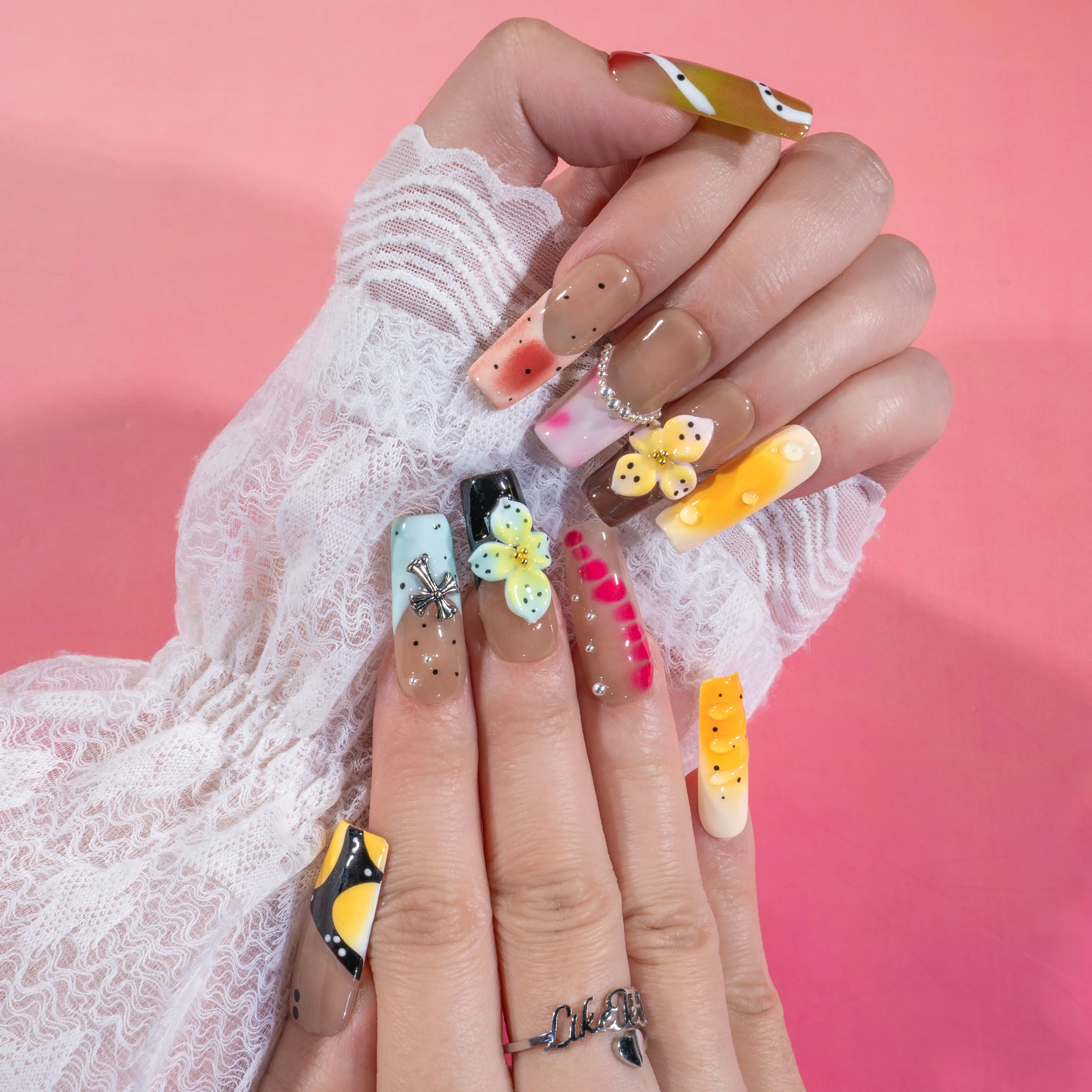 liketete 3D art salon-quality nails for summer, luxurious and professional nail quality, colorful and high-quality nails suitable for vacation travel Tropical Hibiscus