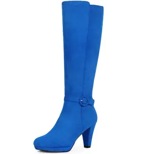 BLISSFUL STEP Women's Low Platform Chunky Heels Buckle Knee High Boots