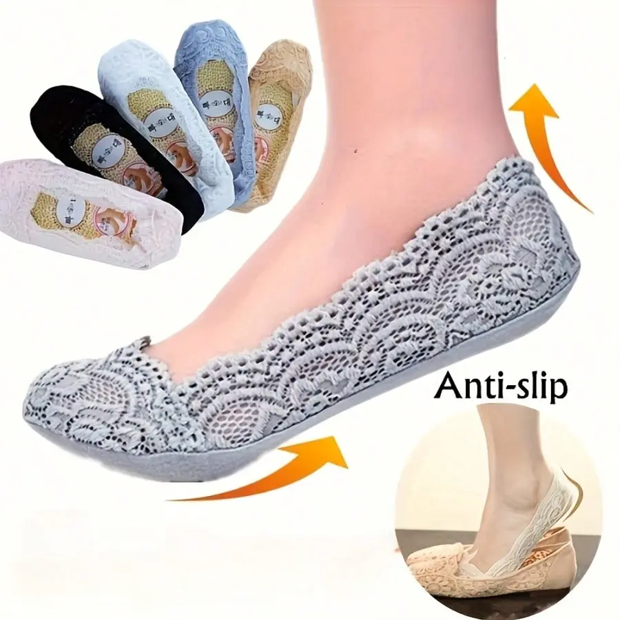 10 Pairs Of women's lace invisible boat socks for high heels anti slip grip comfortable casual fashion ideal for office and parties