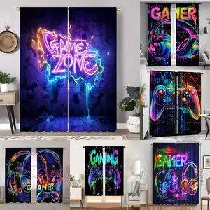 2pcs Game Controller Pattern High-Definition Digital Print Curtains, Polyester Material, Semi-Transparent Privacy Protection, Washable, Bedroom & Living Room Decor