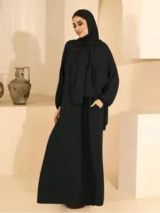 Women's Solid Batwing Sleeve Zipper Prayer Dress with Integrated Hijab, Modest Casual Long Sleeve Long Dress, Modest Abaya Dress, Ladies Clothes for All Seasons