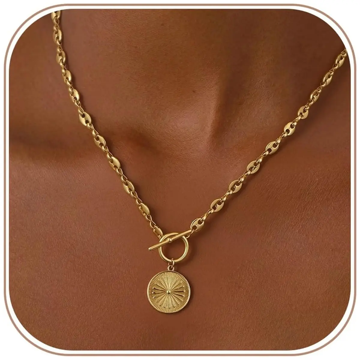 Chunky Gold Necklace for Women, Simple 14K Gold Plated Circle Pendant Choker Necklaces Trendy Dainty Chain Toggle Clasp Necklace Party Festival Birthday Jewelry Gifts